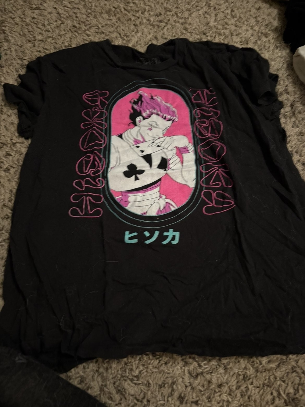 Black Graphic Anime-Style Tee with Pink Accent